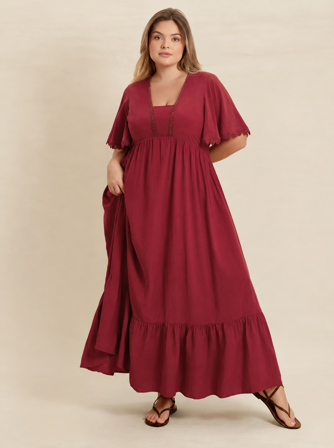 Plus Size Lace Detail Flutter Sleeve Maxi Dress