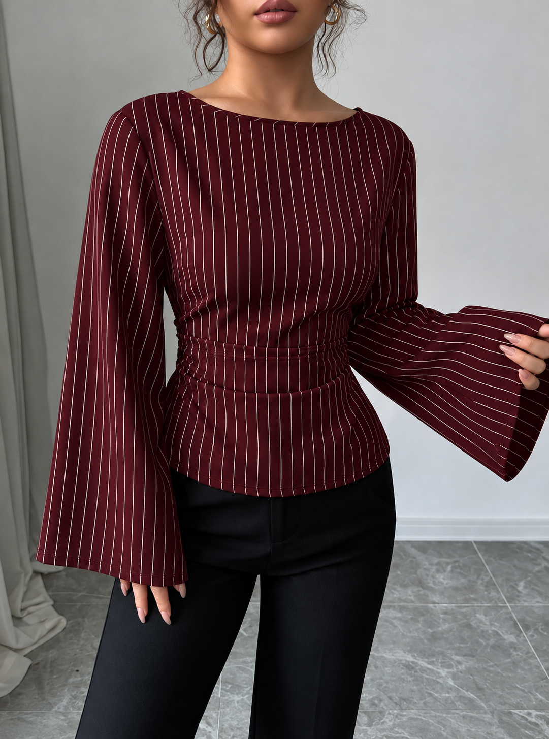 Elegant Pinstriped Bell Sleeve Blouse with Back Lace Up