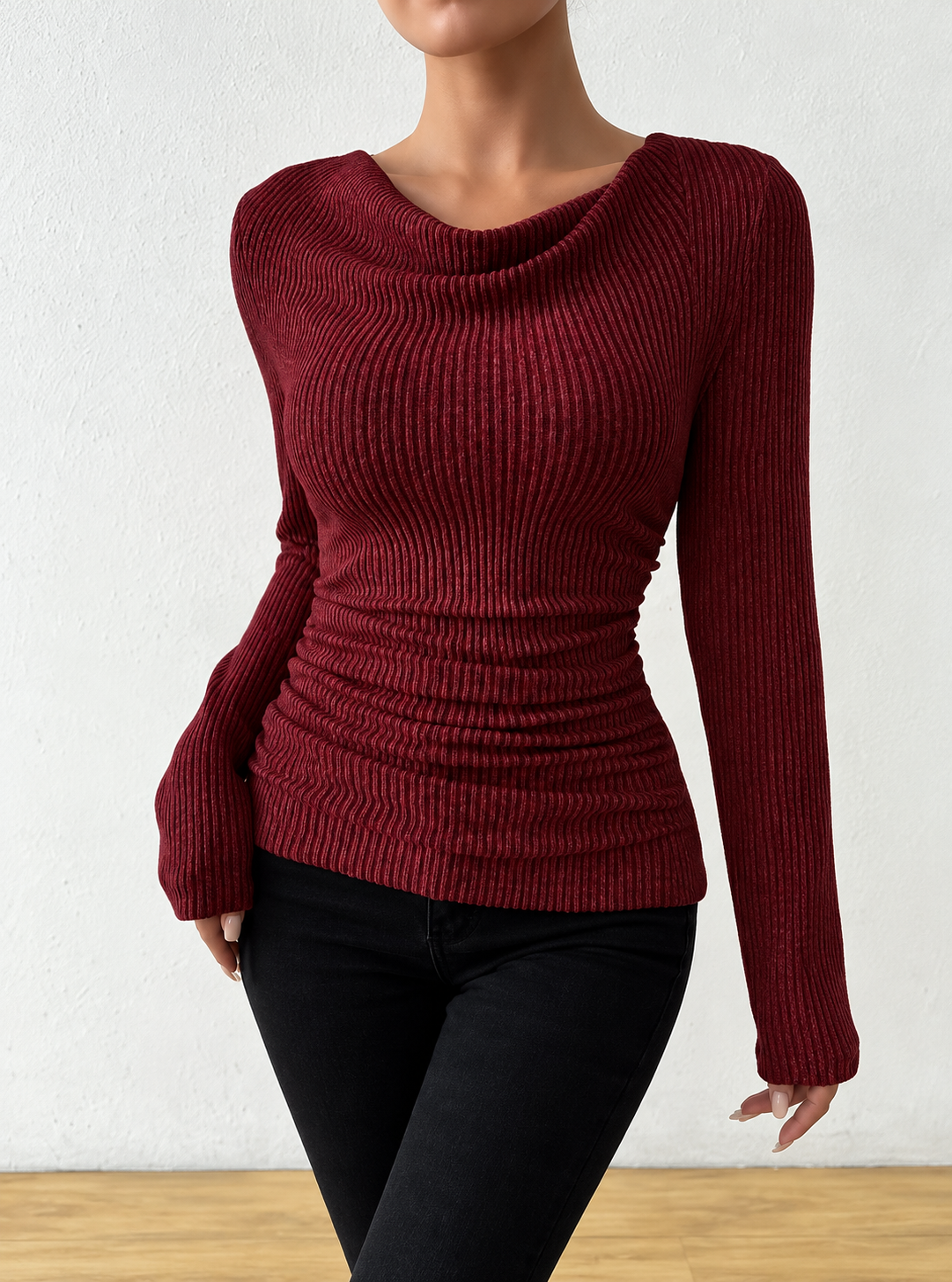 Cowl Neck Ribbed Knit Top
