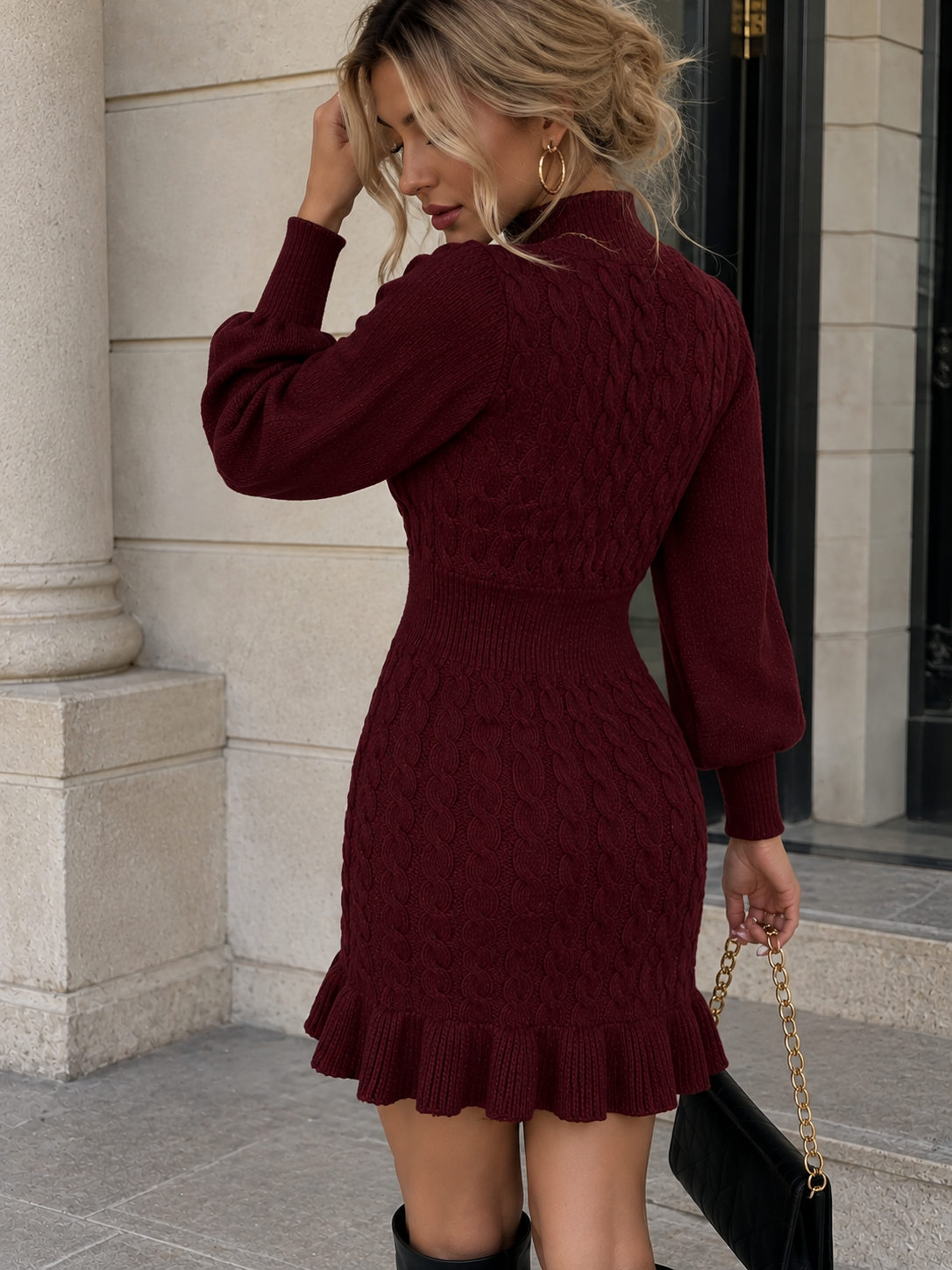 Cable Knit Mock Neck Ruffle Hem Sweater Dress