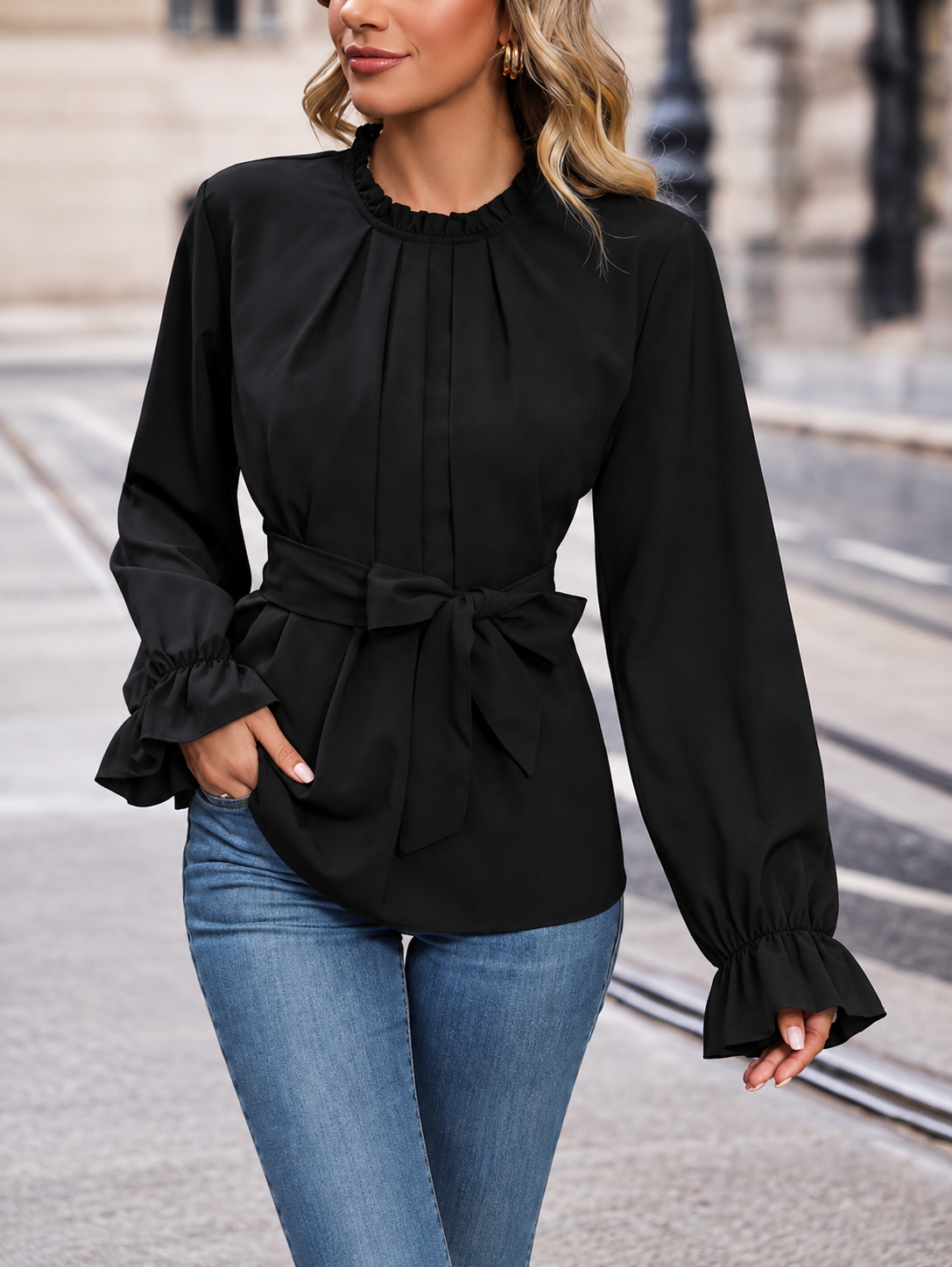 Perfee Round Neck Tie Waist Long Sleeve Blouse