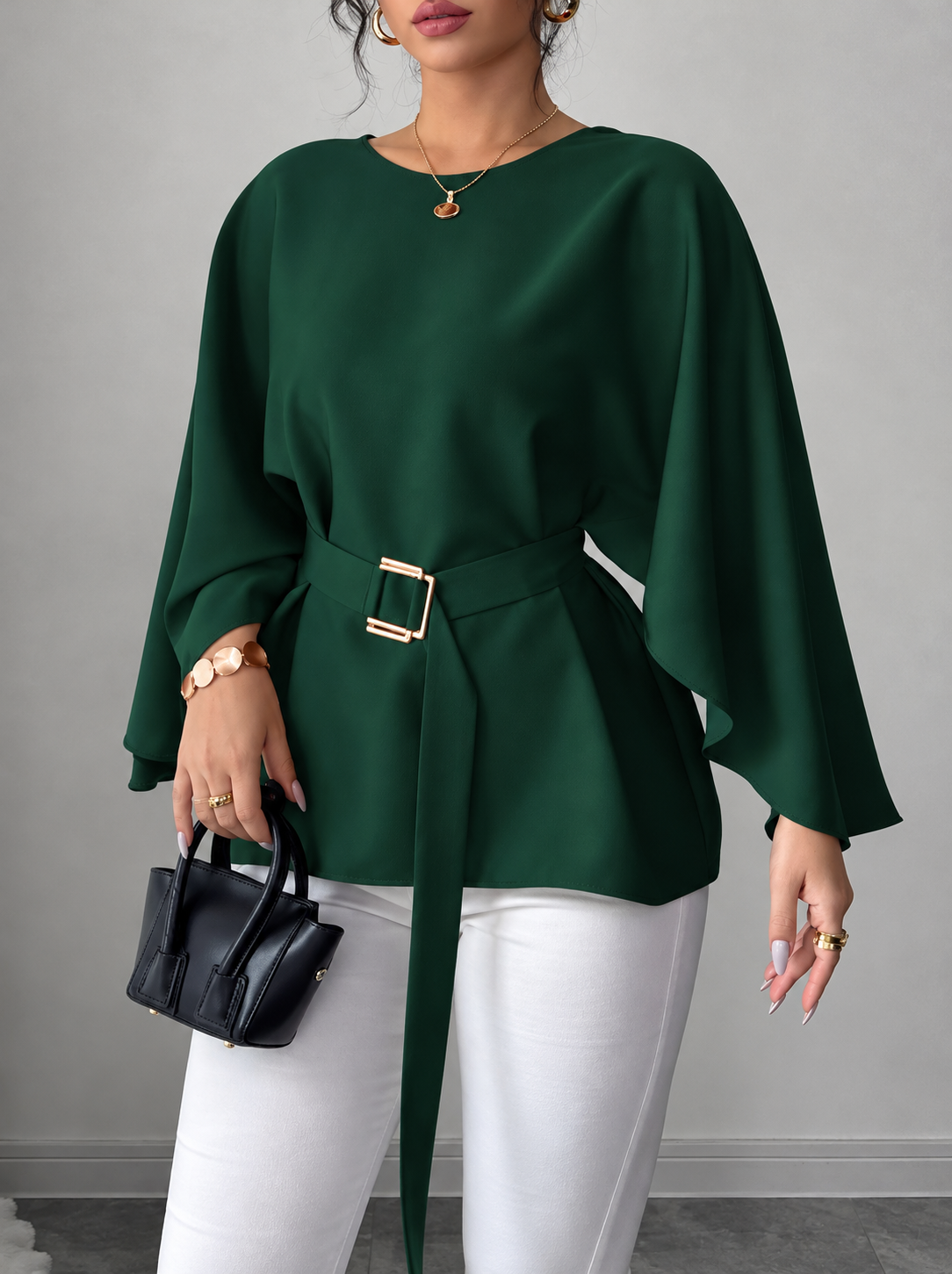 Batwing Sleeve Belted Blouse