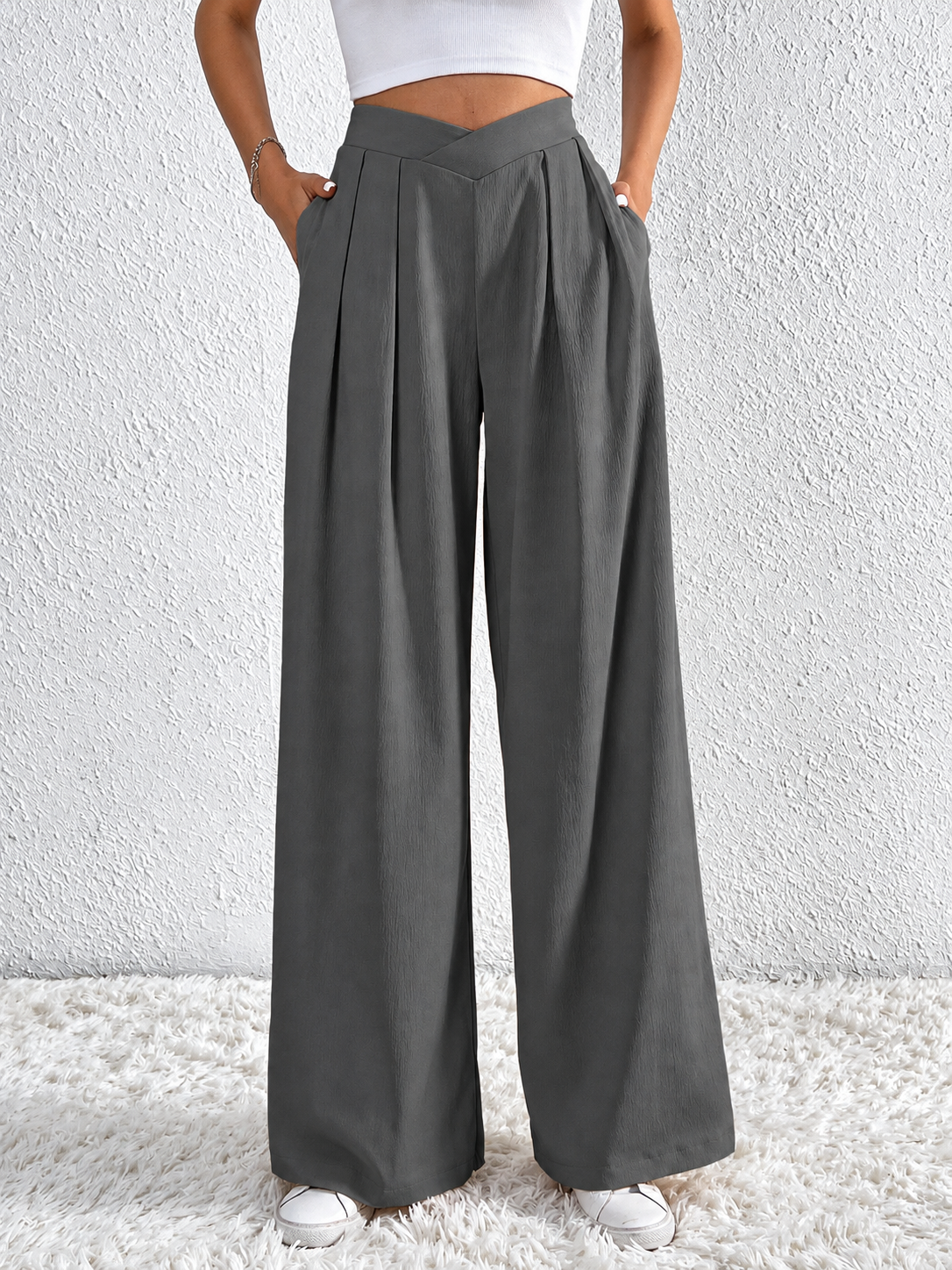 V-Waisted Ruched Front Wide Leg Pants
