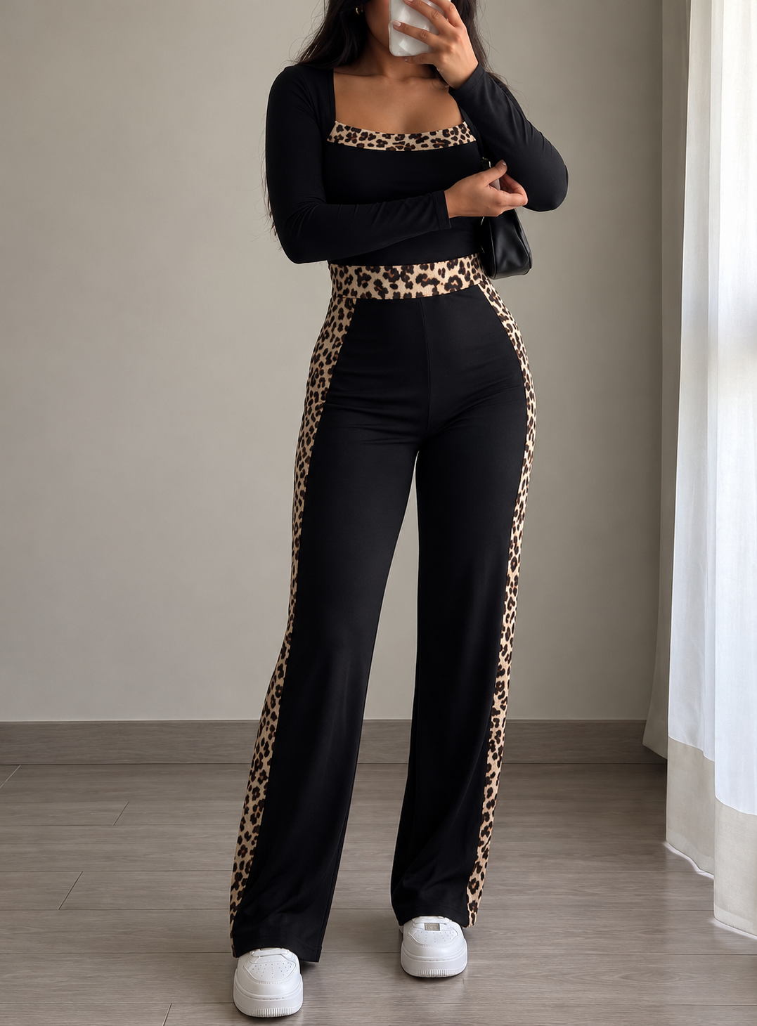 Leopard Trim Long Sleeve Jumpsuit