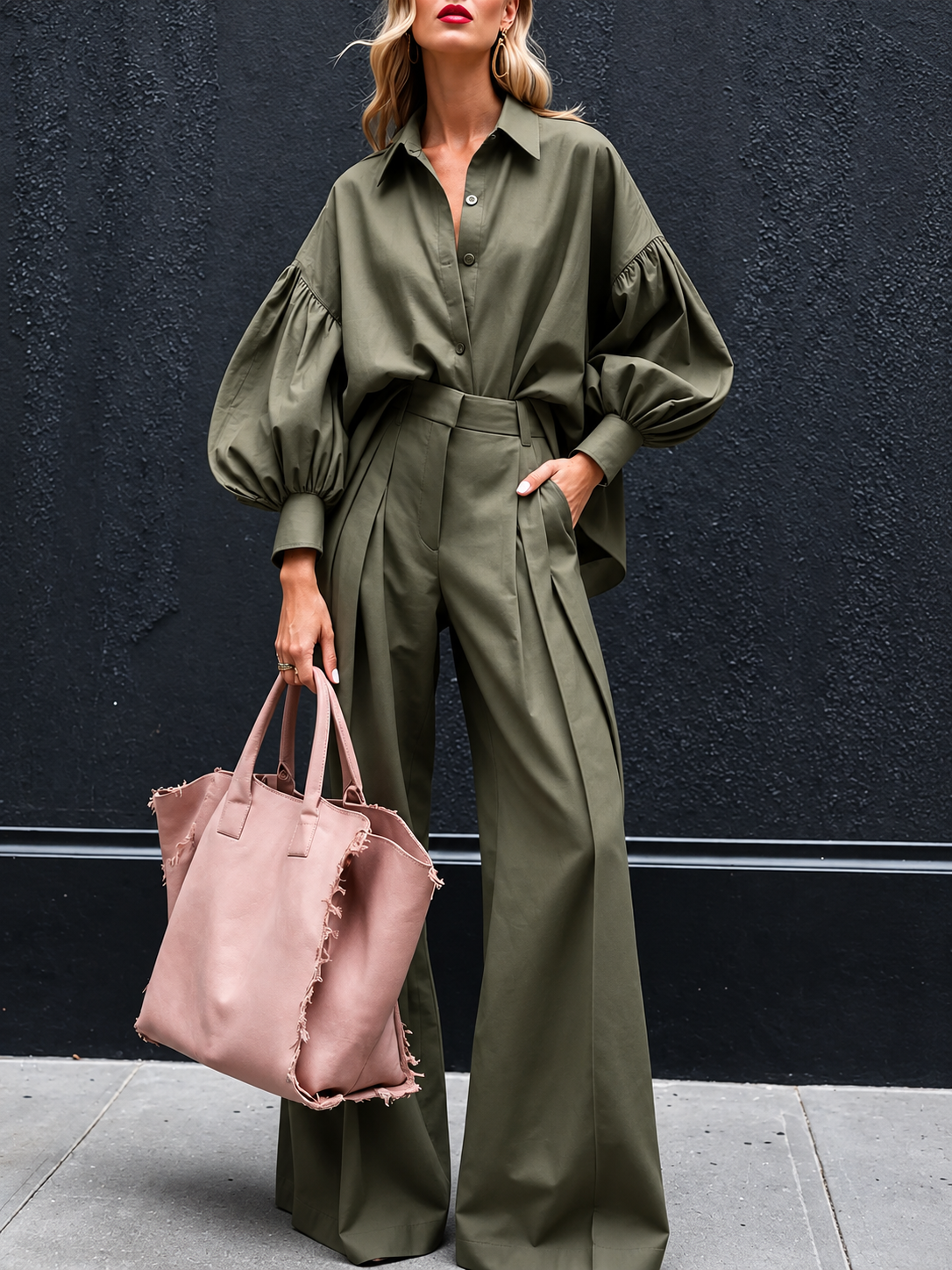 Lantern Sleeve Shirt and Wide Leg Pants Set