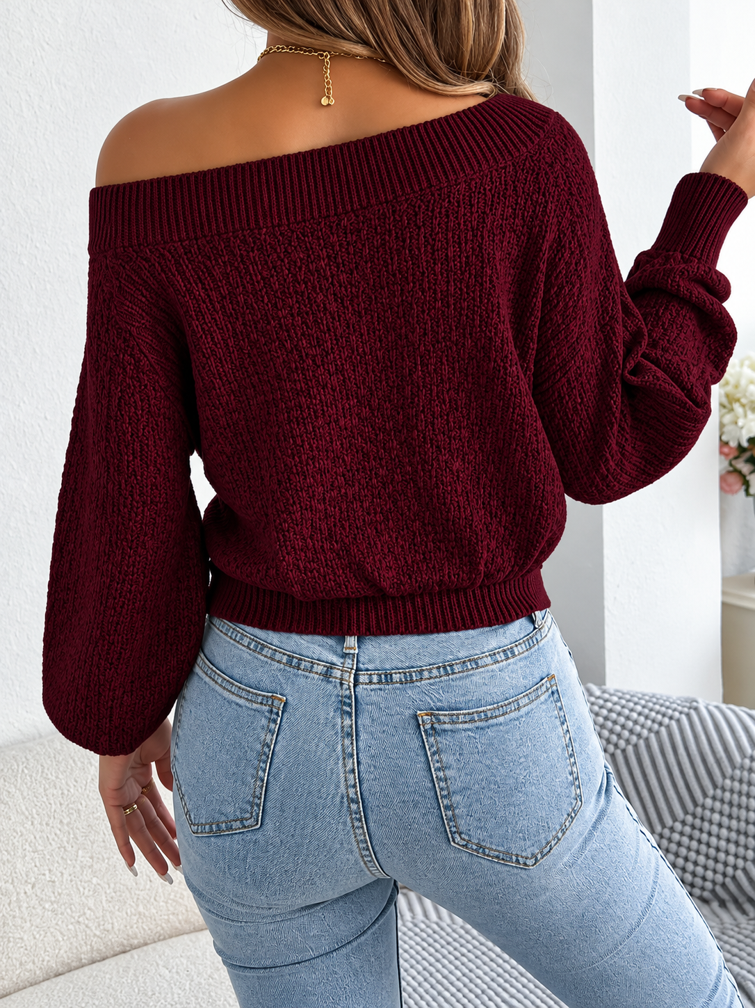 Off-Shoulder Twist Front Textured Knit Top