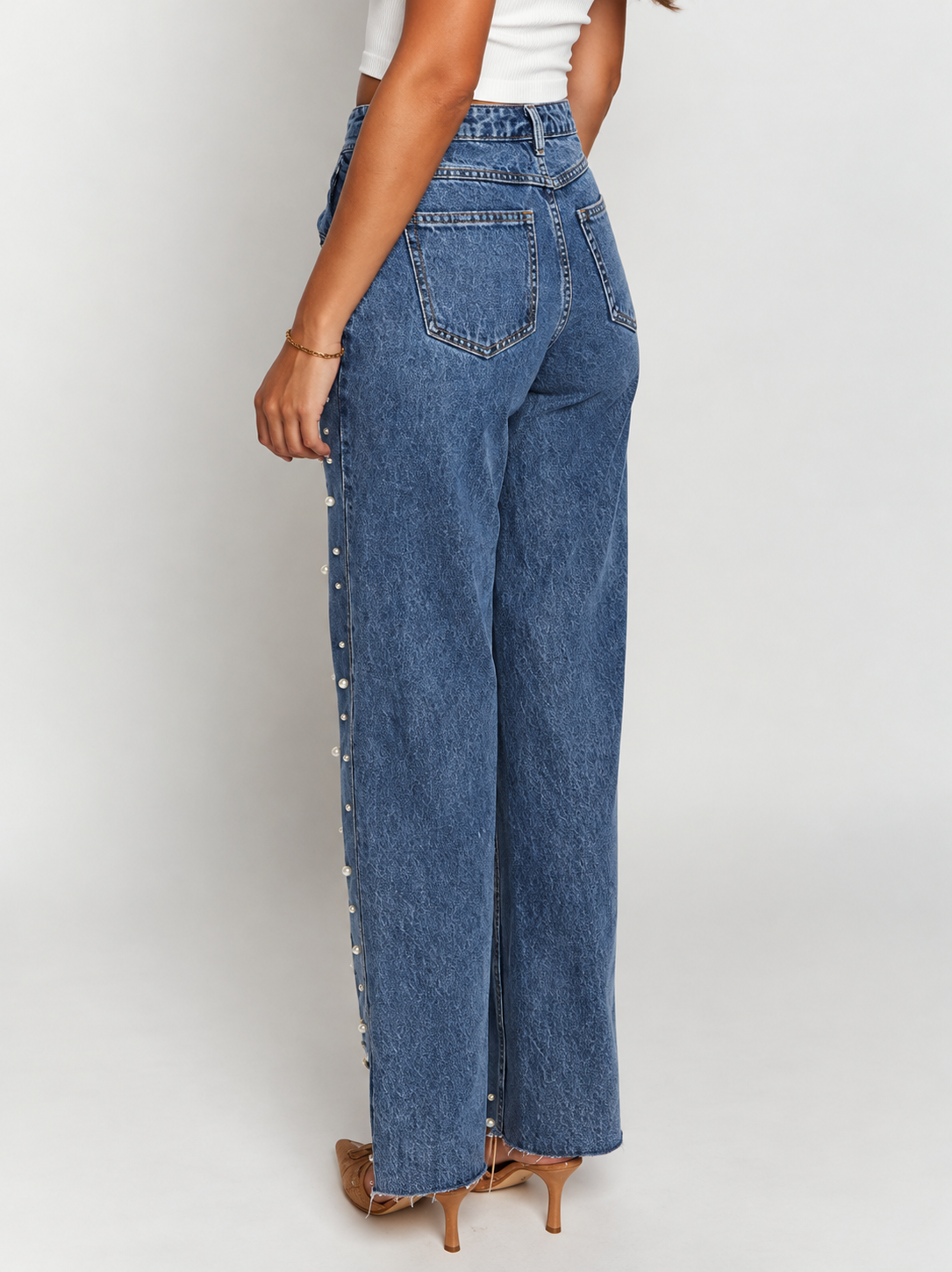 Pearl Embellished High Waist Straight Leg Jeans