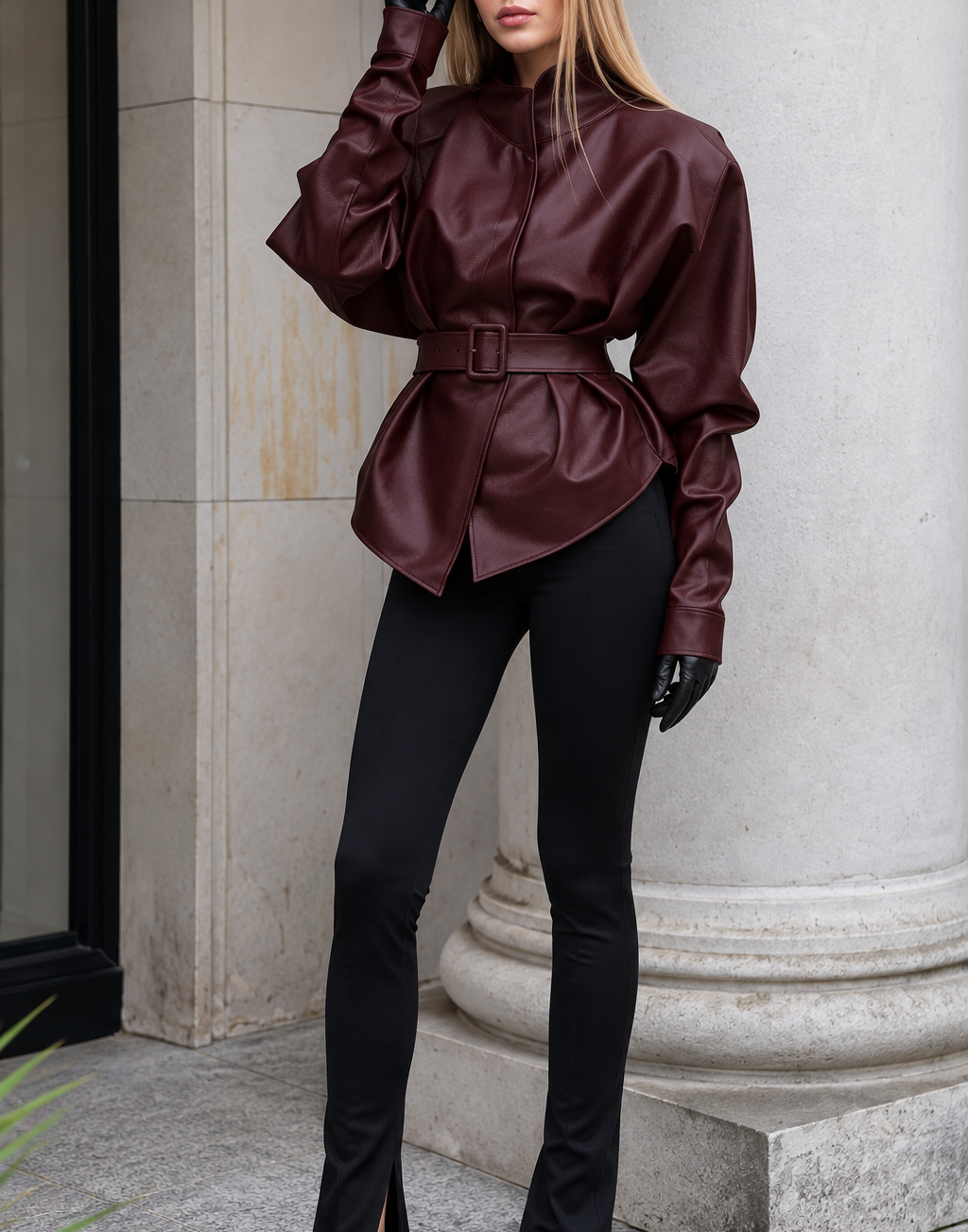 Stand Collar Belted Faux Leather Jacket