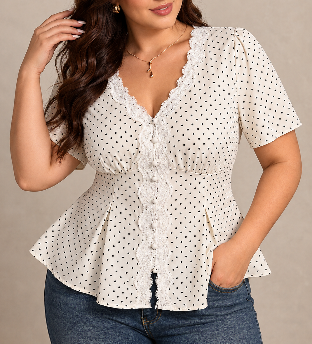 Plus Size Polka Dot V-Neck Lace Trim Peplum Blouse