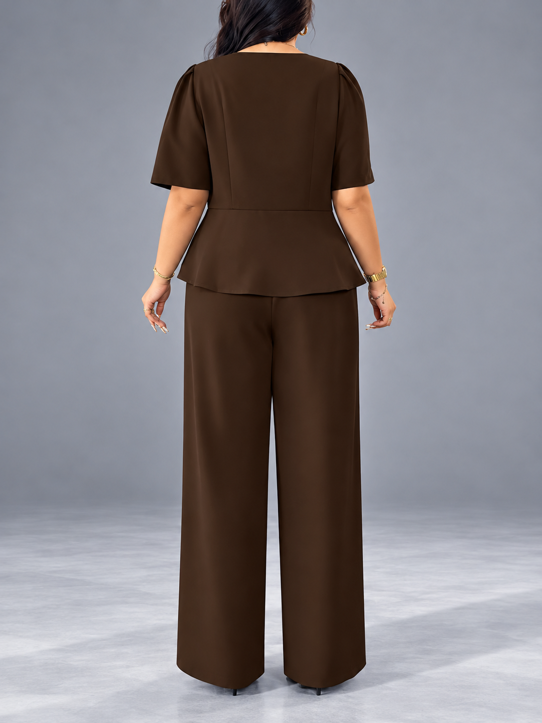 Plus Size Peplum Top and Wide-Leg Pants Two-Piece Set