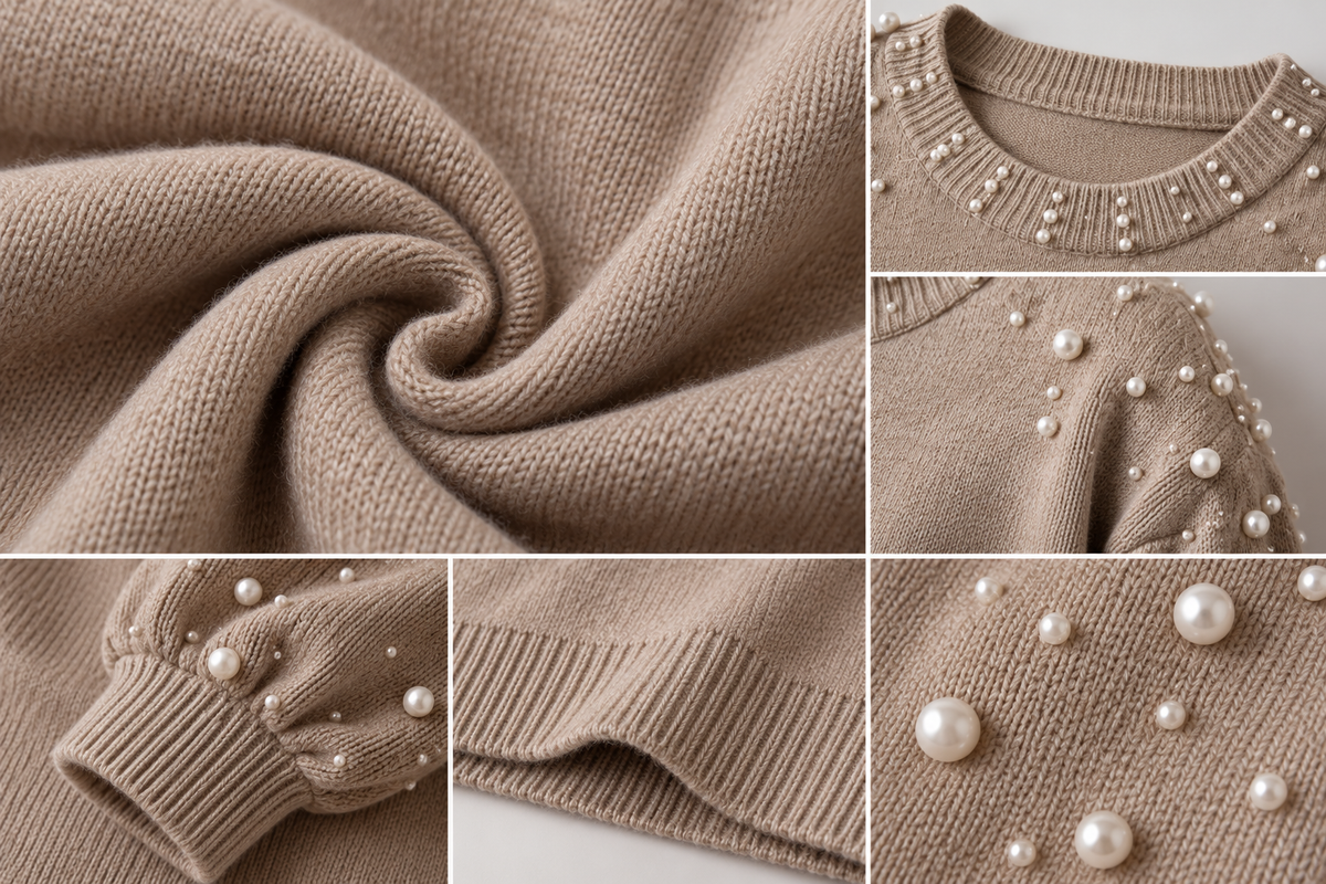 Plus Size Pearl Detail Round Neck Long Sleeve Sweater
