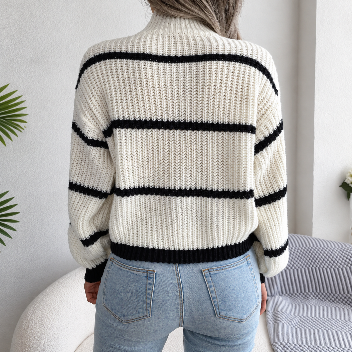 Striped Mock Neck Dropped Shoulder Sweater
