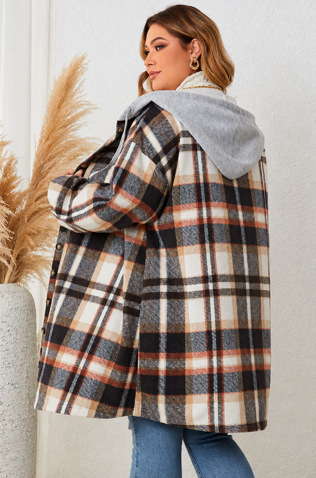 Honey Plus Size Plaid Drop Shoulder Hooded Coat