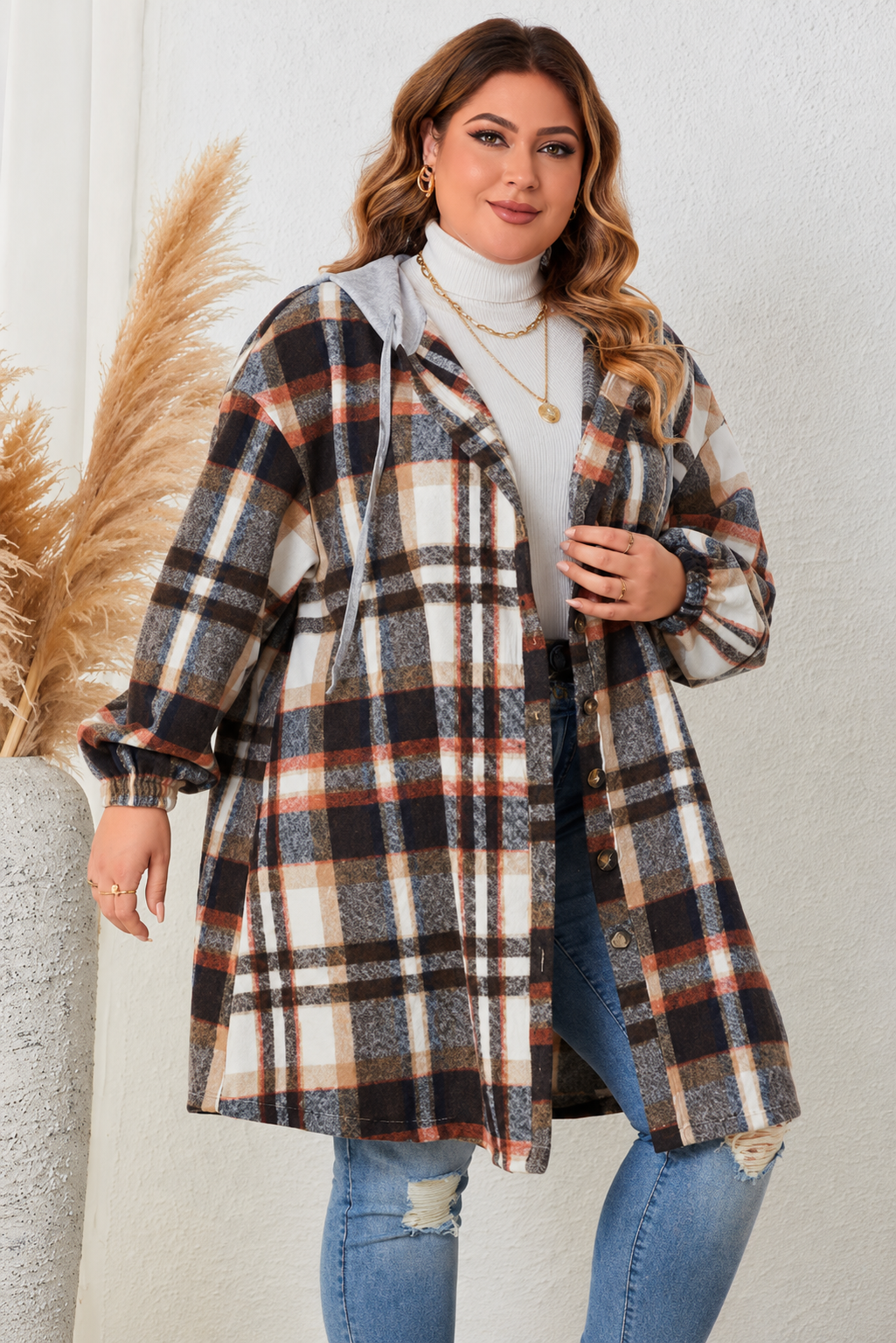 Honey Plus Size Plaid Drop Shoulder Hooded Coat