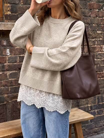 Layered Lace Hem Crew Neck Sweater