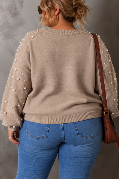 Plus Size Pearl Detail Round Neck Long Sleeve Sweater