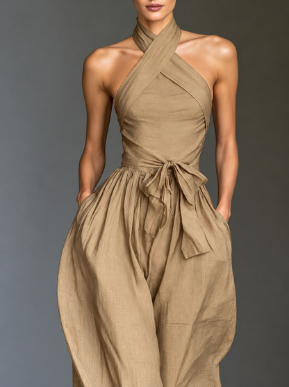 Halter Neck Wide-Leg Jumpsuit with Waist-Tie Detail