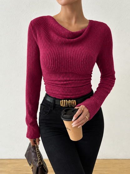 Cowl Neck Ribbed Knit Top