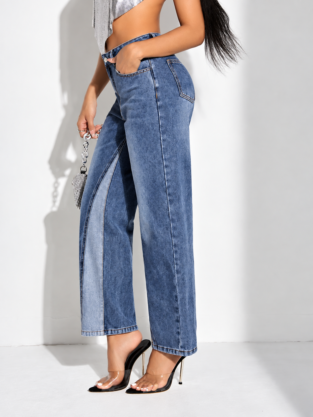 Contrast Patchwork Straight Jeans with Pockets
