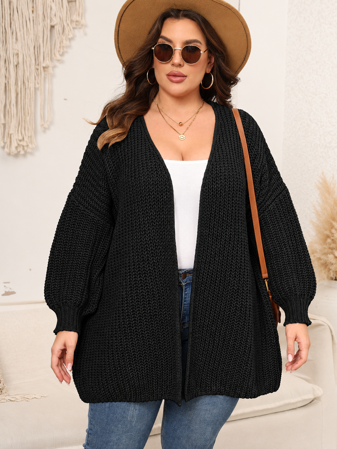 Plus Size Open Front Dropped Shoulder Knit Cardigan