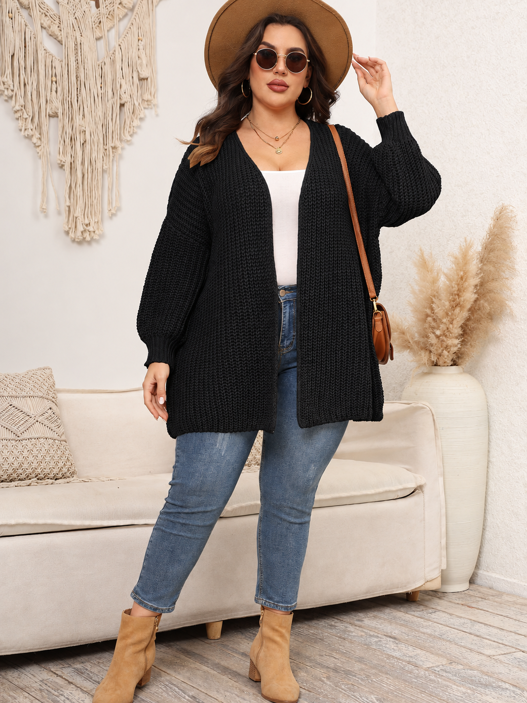 Plus Size Open Front Dropped Shoulder Knit Cardigan