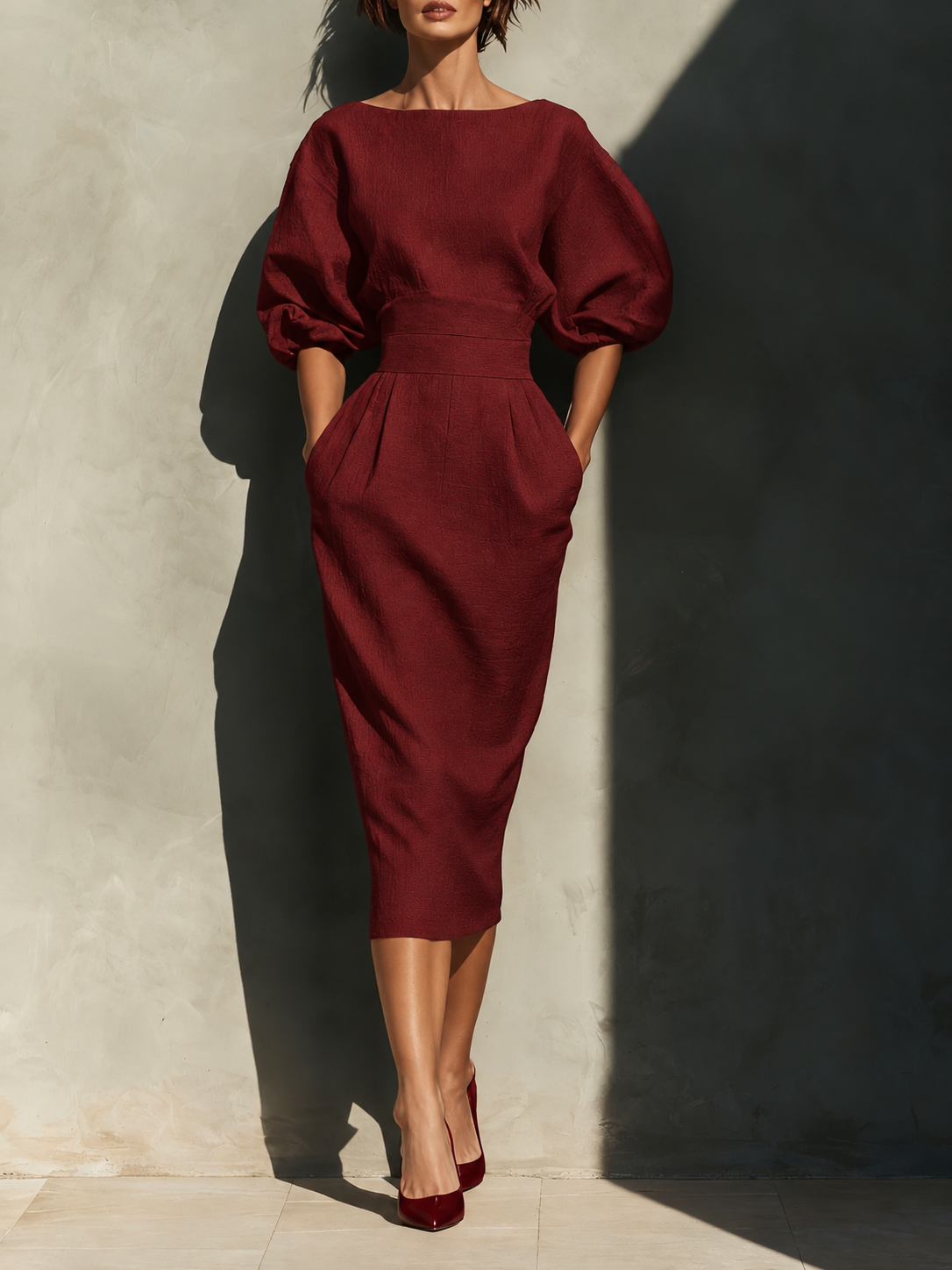 Round Neck Puff Sleeves Midi Dress