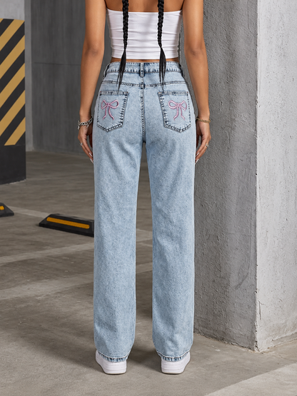 High-Waisted Acid Wash Straight Leg Jeans