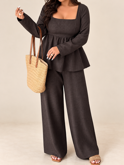Plus Size Square Neck Long Sleeve Top and Pants Two-Piece Set
