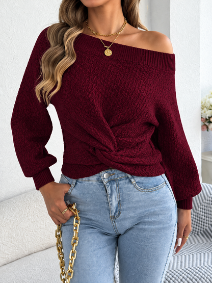 Off-Shoulder Twist Front Textured Knit Top