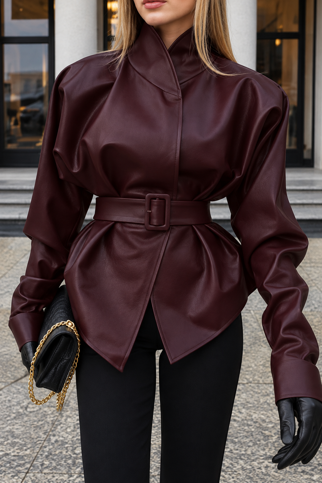 Stand Collar Belted Faux Leather Jacket