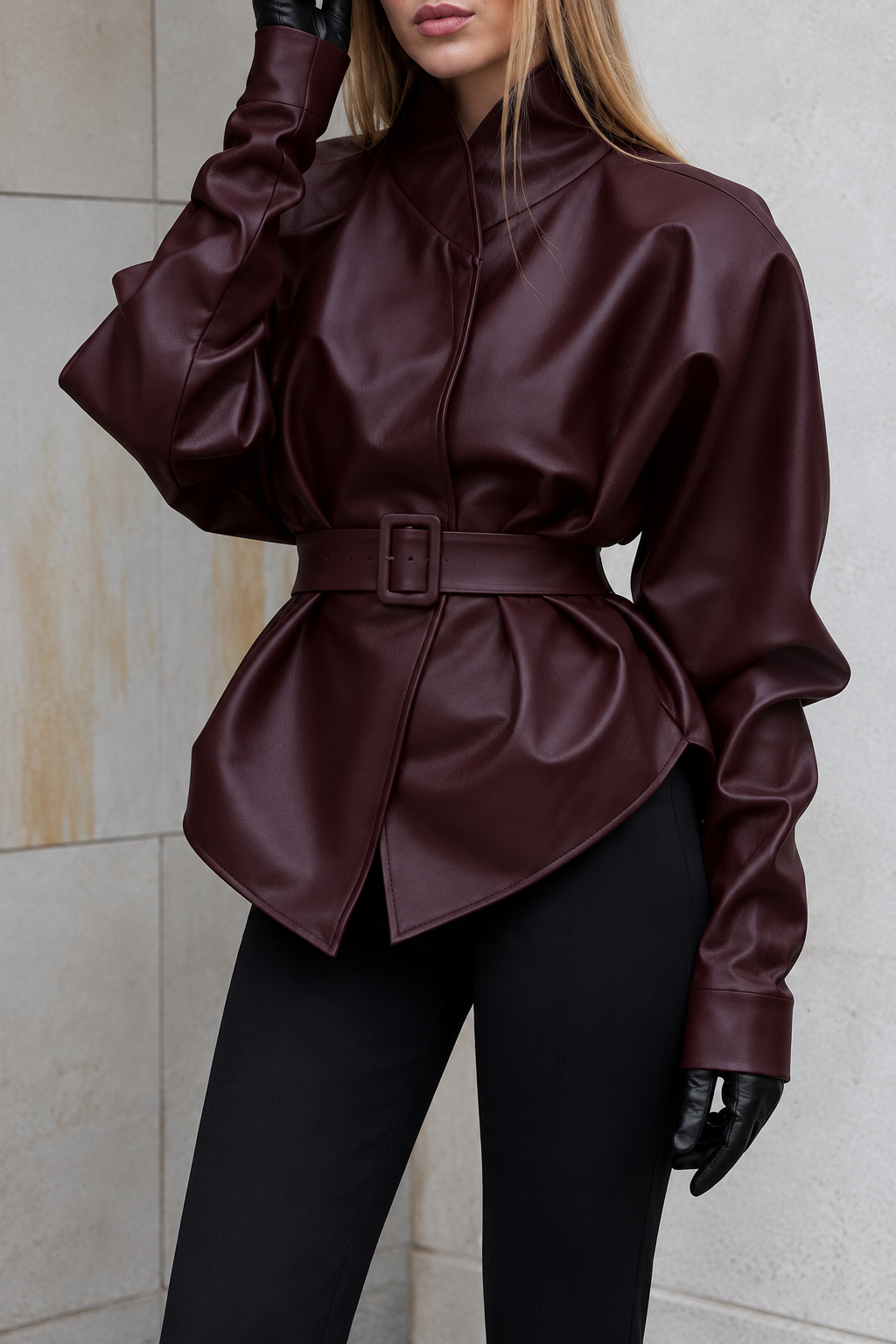 Stand Collar Belted Faux Leather Jacket