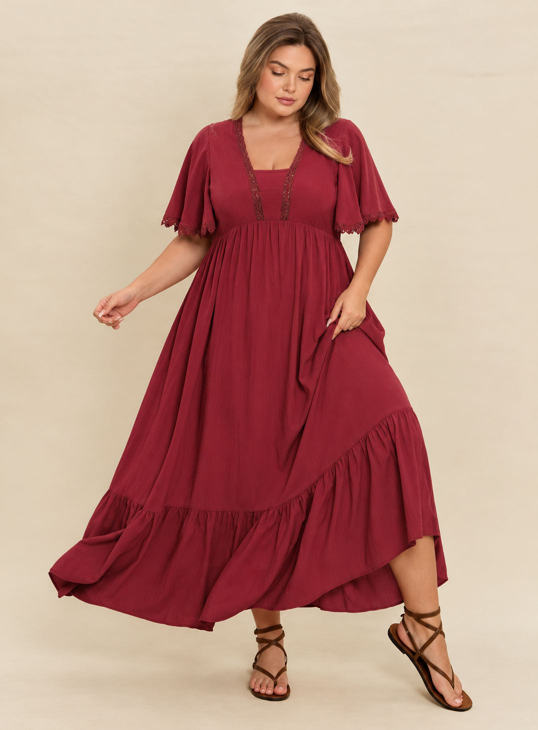 Plus Size Lace Detail Flutter Sleeve Maxi Dress