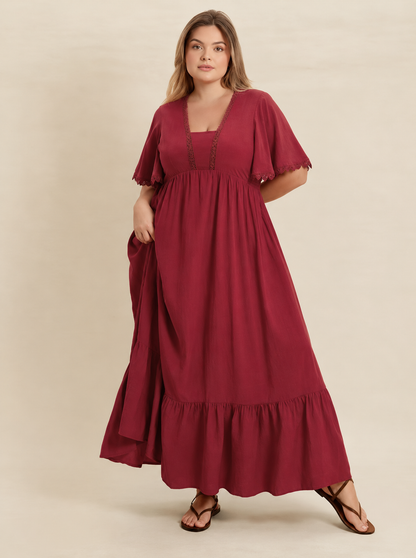 Plus Size Lace Detail Flutter Sleeve Maxi Dress