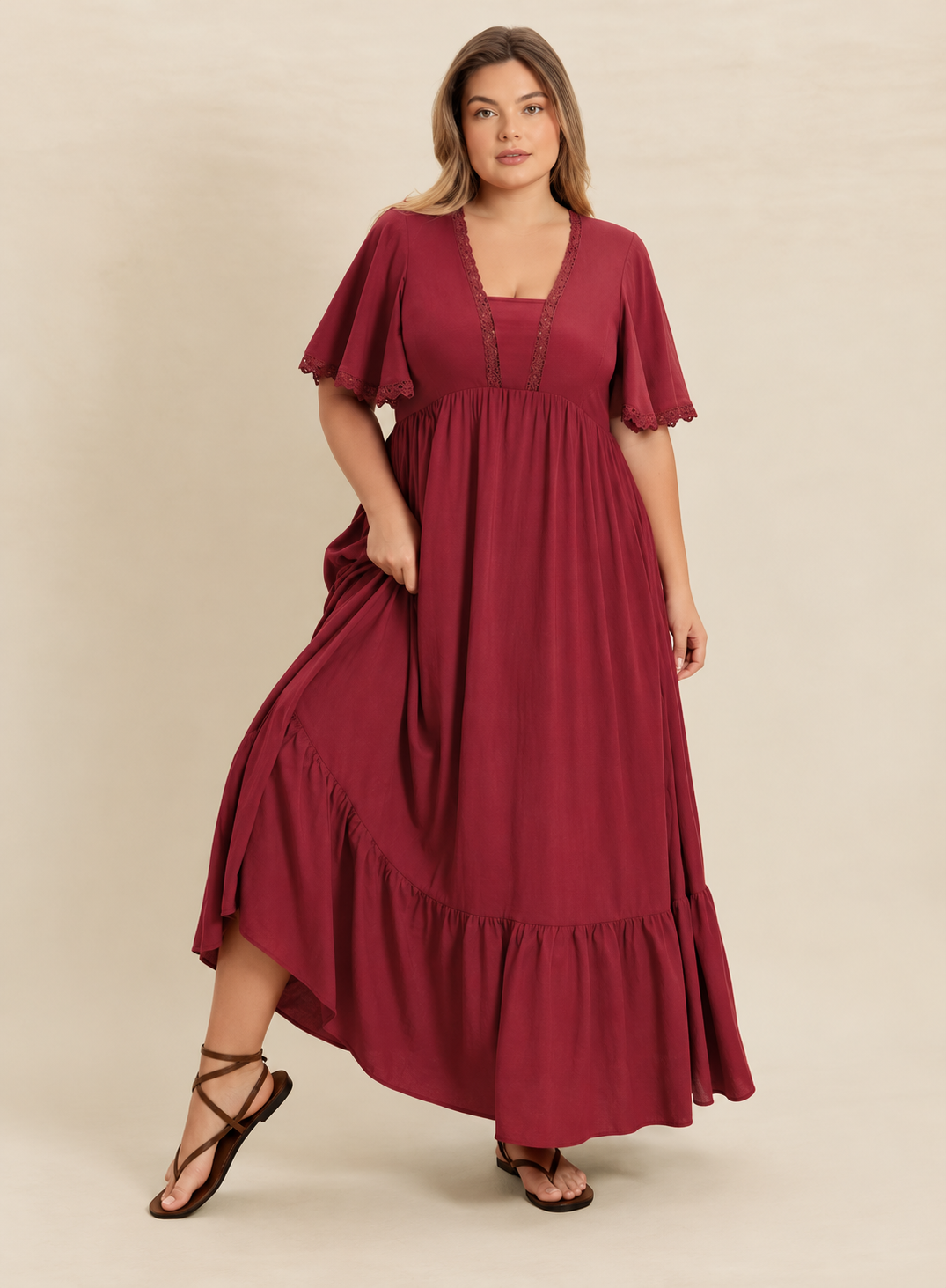 Plus Size Lace Detail Flutter Sleeve Maxi Dress