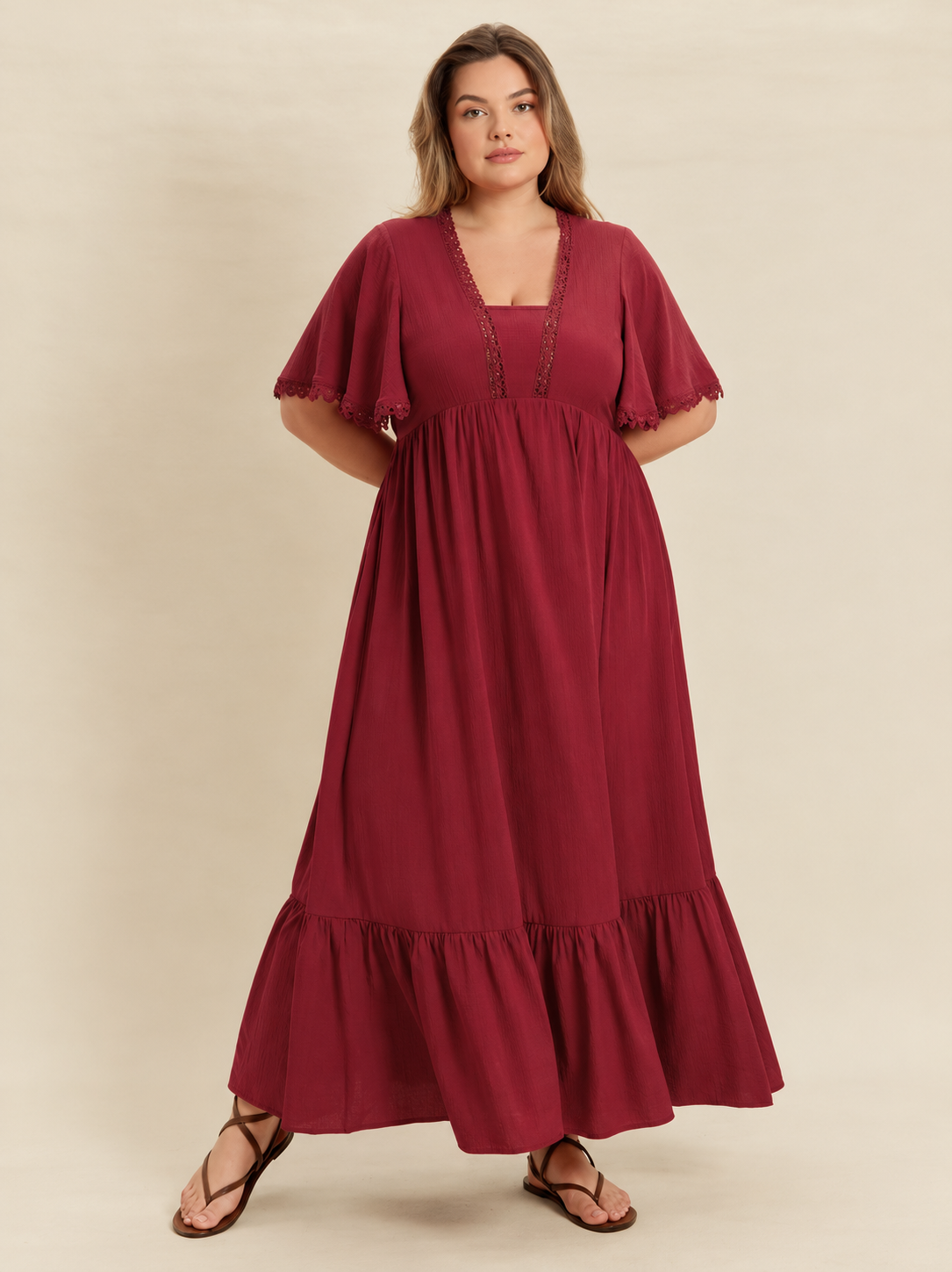 Plus Size Lace Detail Flutter Sleeve Maxi Dress