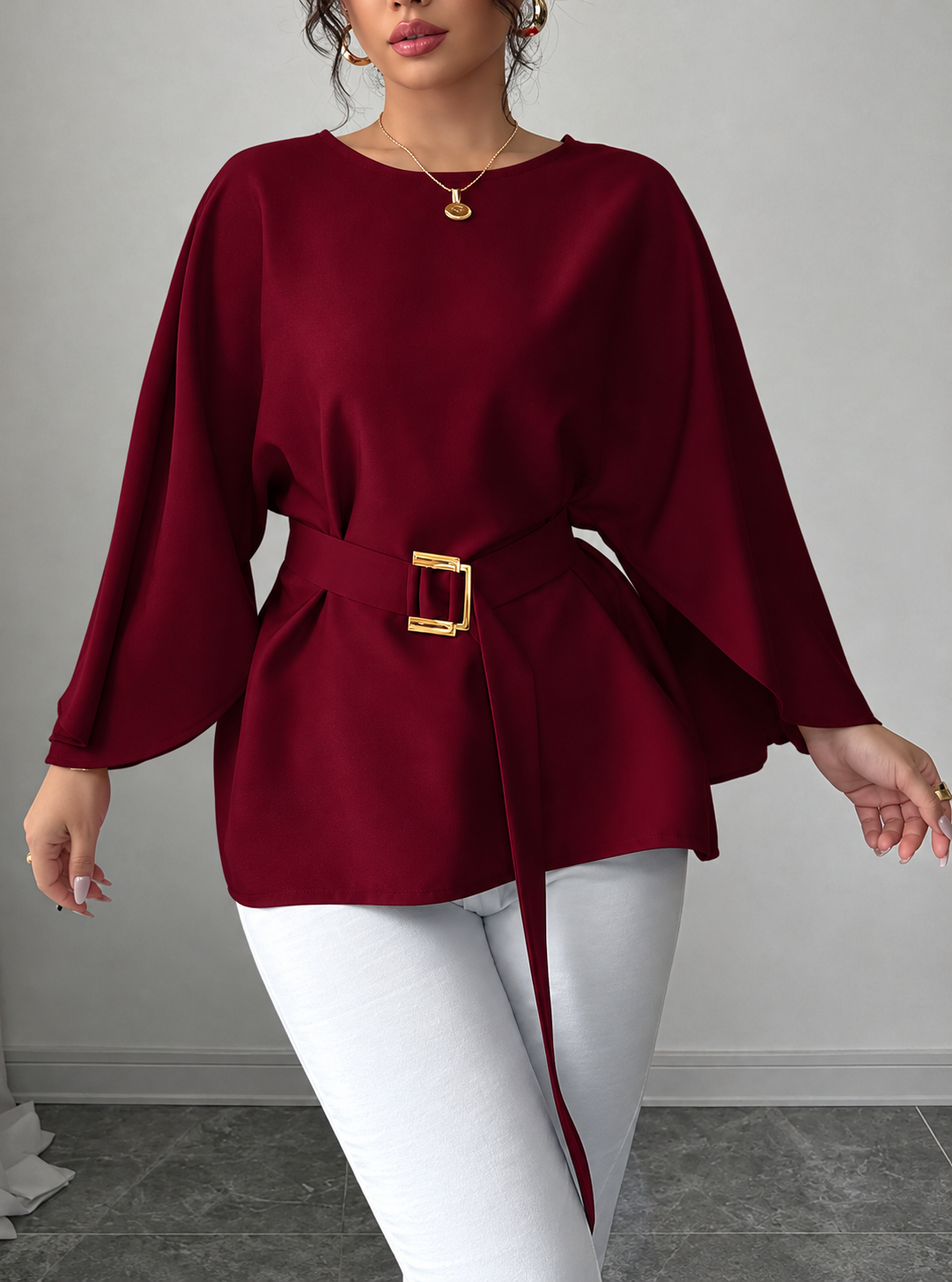 Batwing Sleeve Belted Blouse