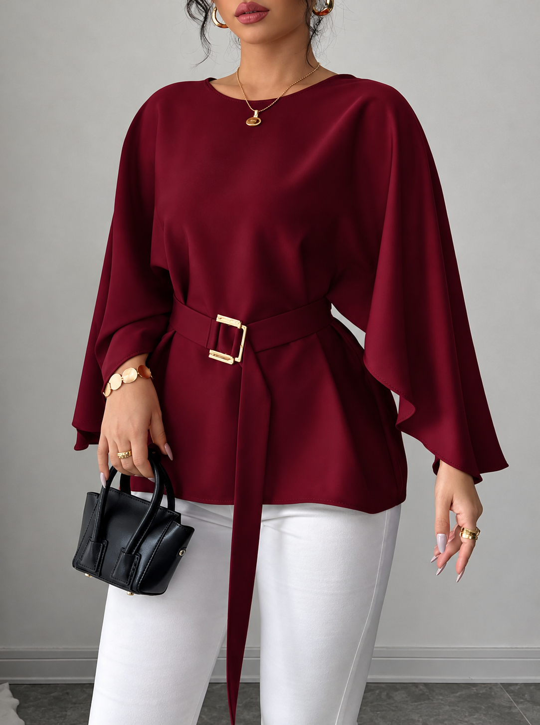 Batwing Sleeve Belted Blouse