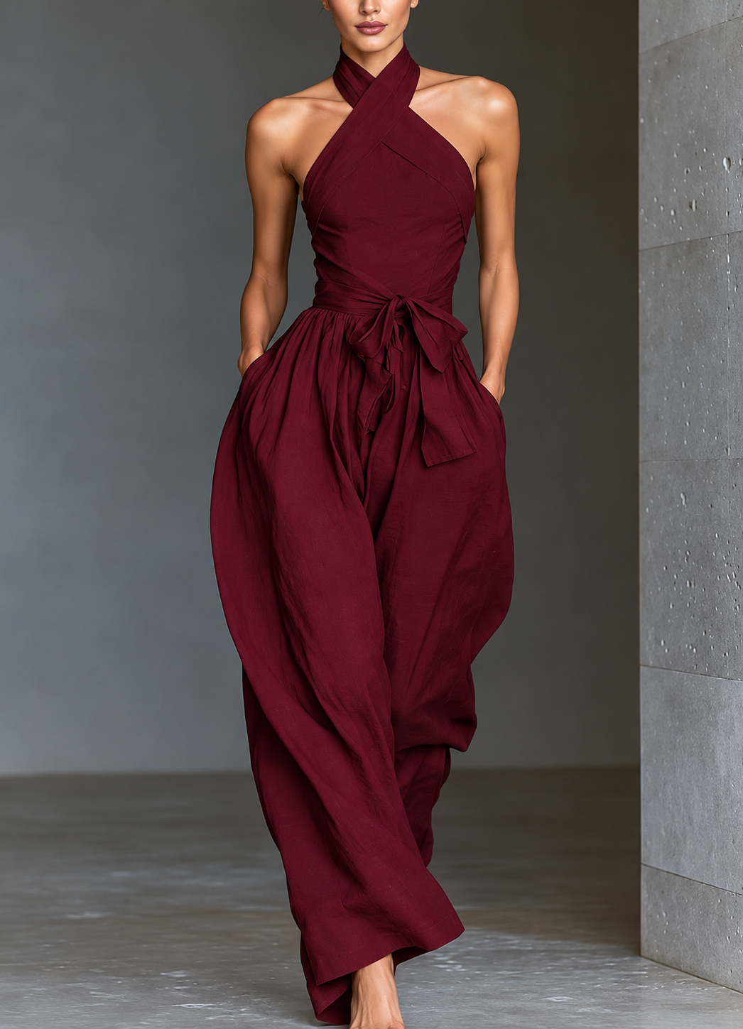 Halter Neck Wide-Leg Jumpsuit with Waist-Tie Detail