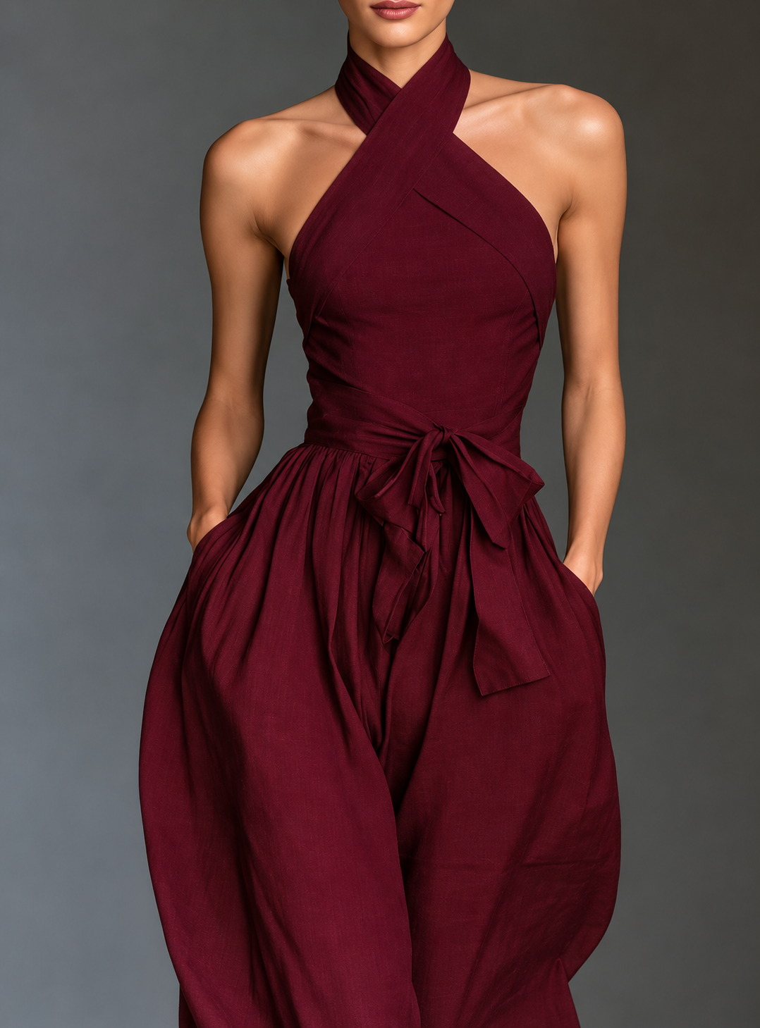 Halter Neck Wide-Leg Jumpsuit with Waist-Tie Detail
