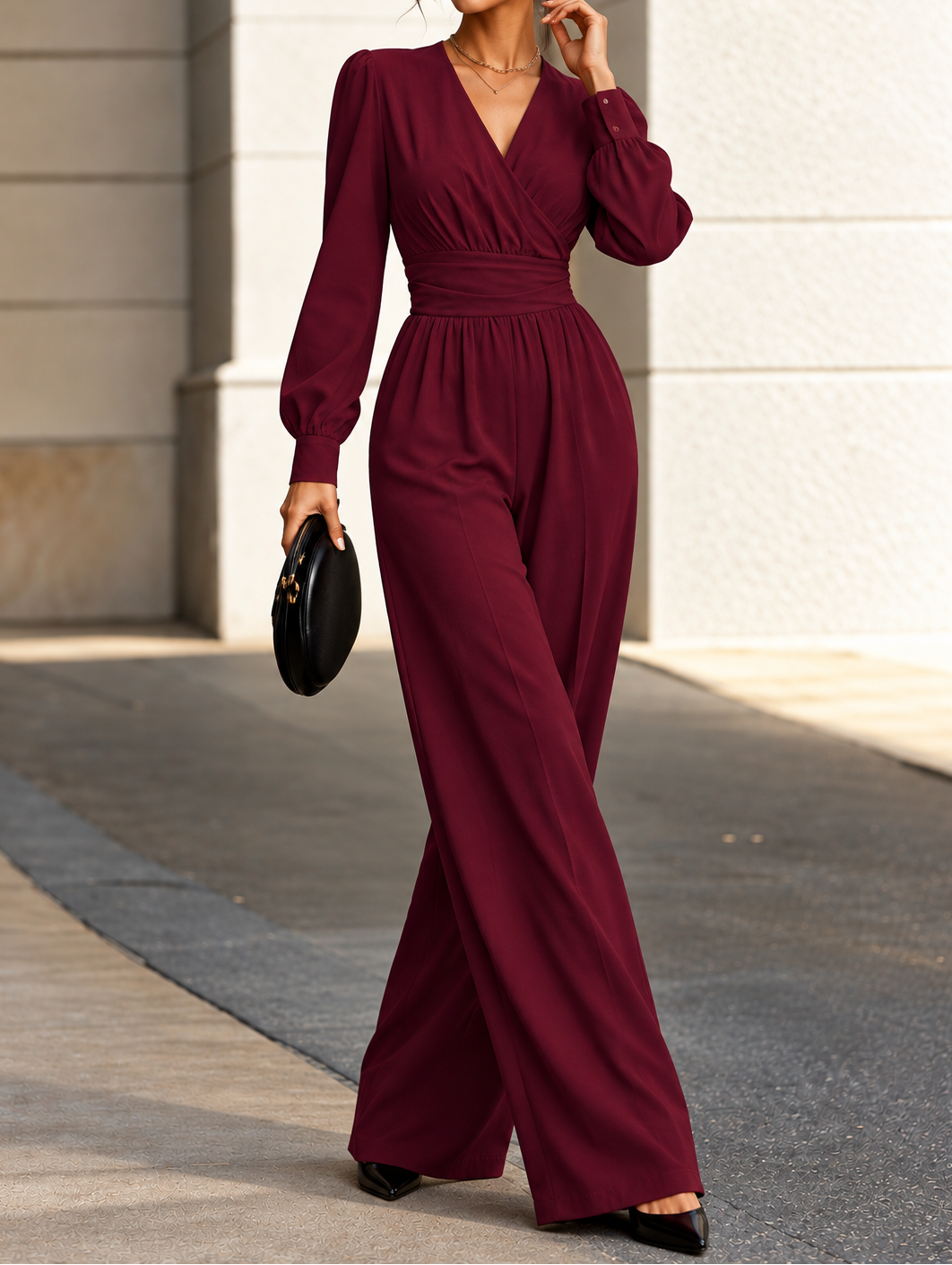 Surplice Long Sleeve Wide-Leg Jumpsuit