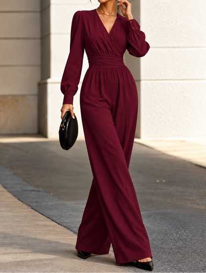 Surplice Long Sleeve Wide-Leg Jumpsuit