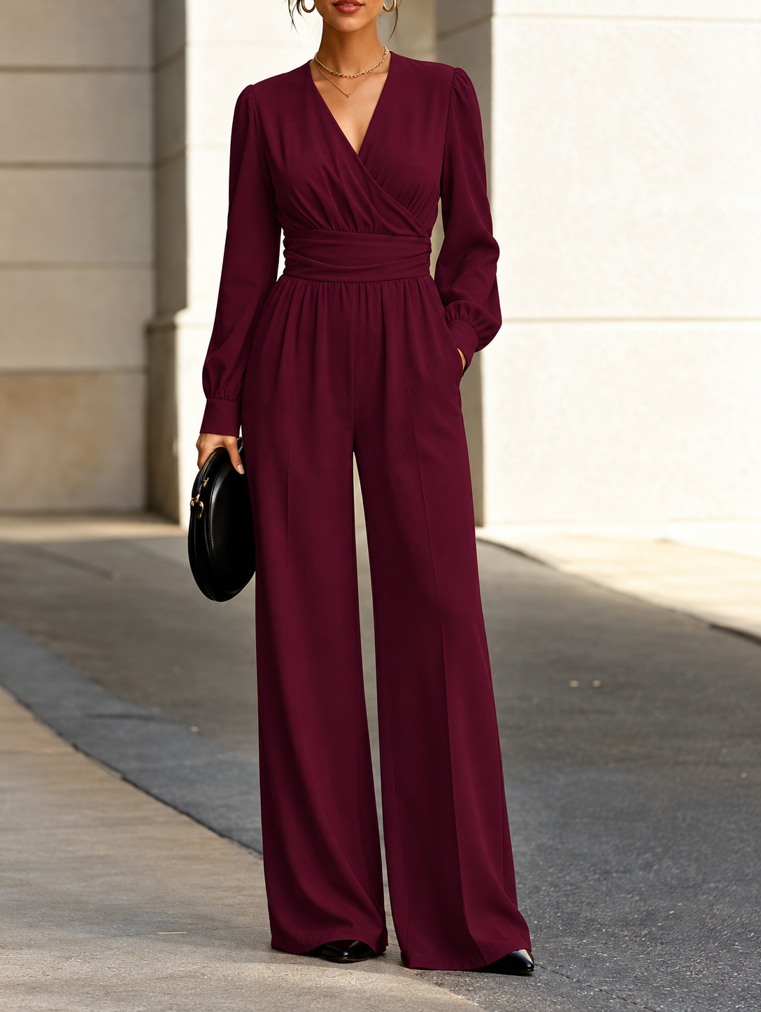 Surplice Long Sleeve Wide-Leg Jumpsuit