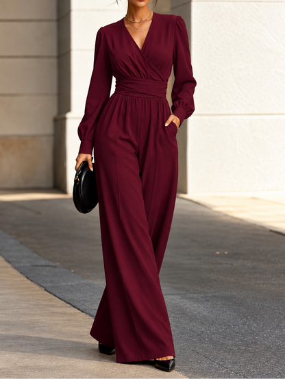 Surplice Long Sleeve Wide-Leg Jumpsuit
