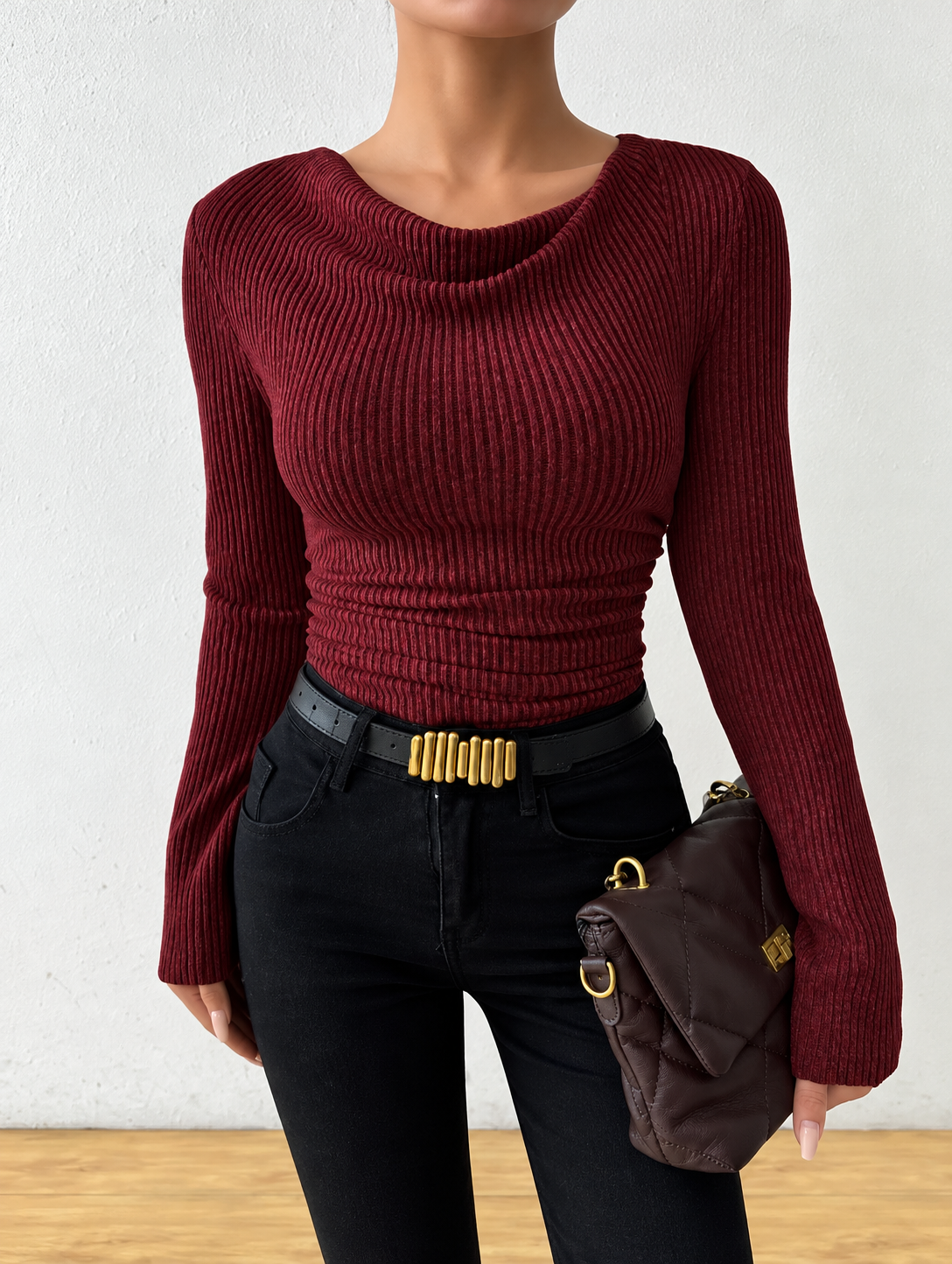 Cowl Neck Ribbed Knit Top