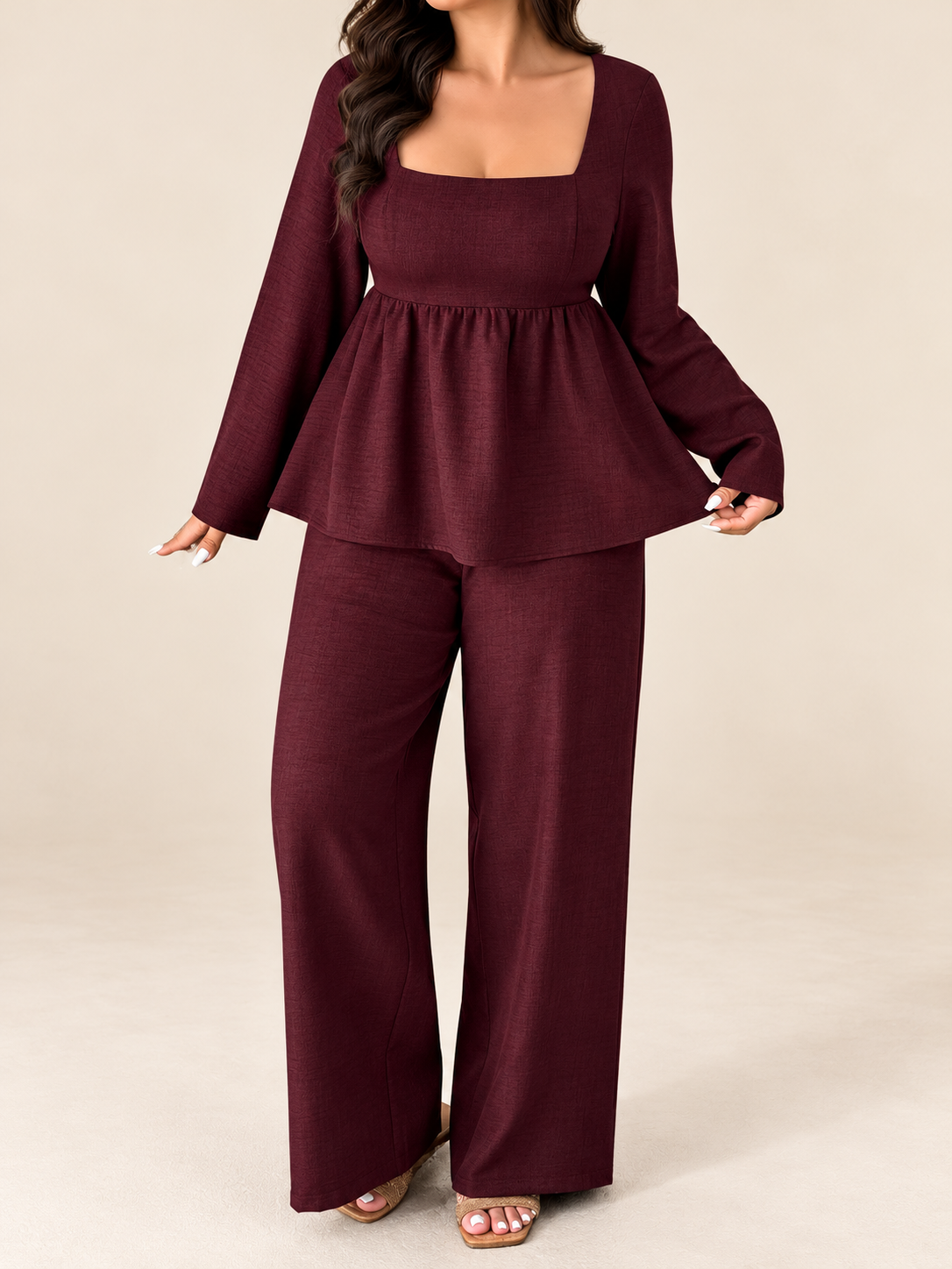 Plus Size Square Neck Long Sleeve Top and Pants Two-Piece Set