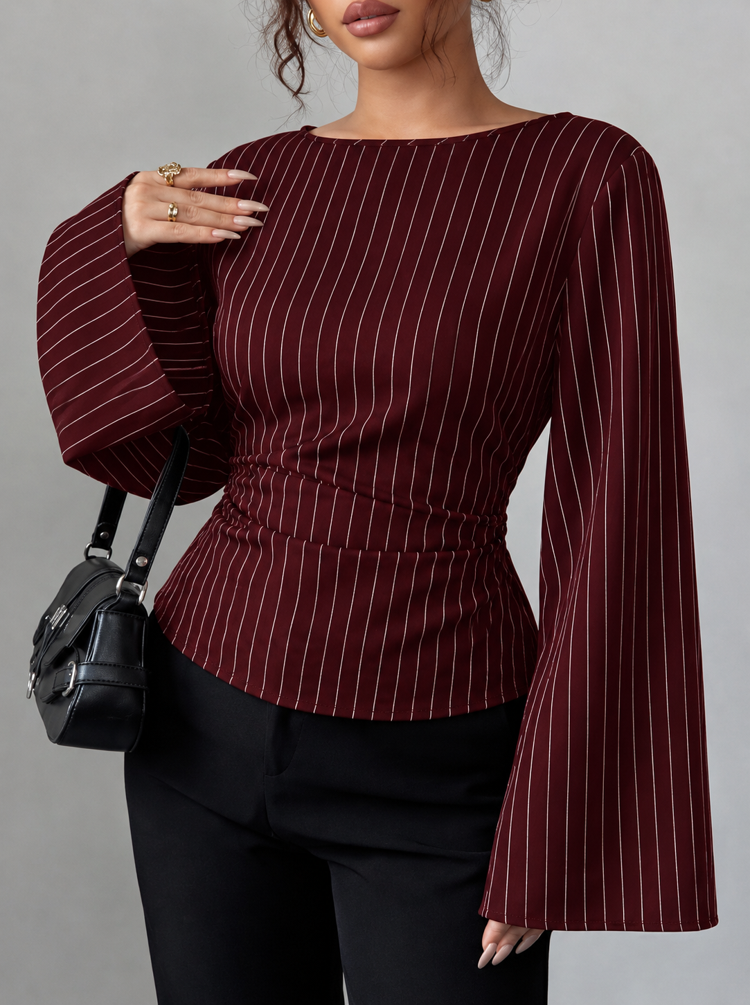 Elegant Pinstriped Bell Sleeve Blouse with Back Lace Up