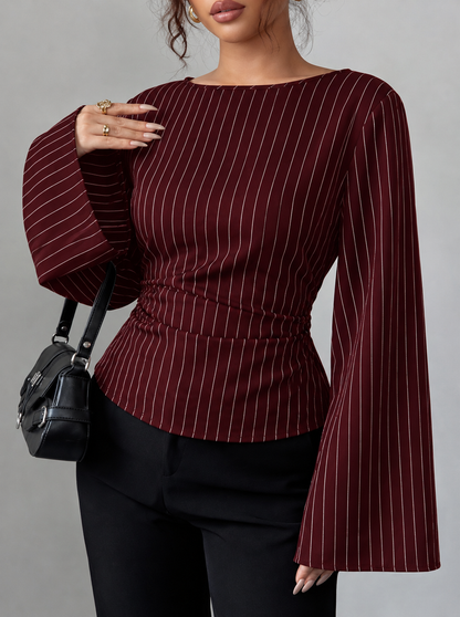 Elegant Pinstriped Bell Sleeve Blouse with Back Lace Up