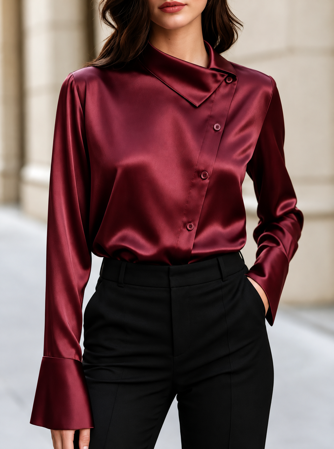 Asymmetric Collar Satin Blouse