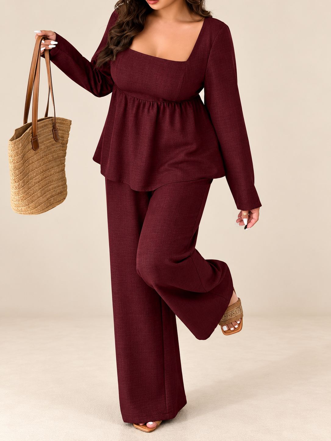 Plus Size Square Neck Long Sleeve Top and Pants Two-Piece Set