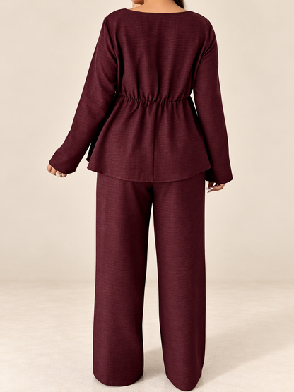 Plus Size Square Neck Long Sleeve Top and Pants Two-Piece Set